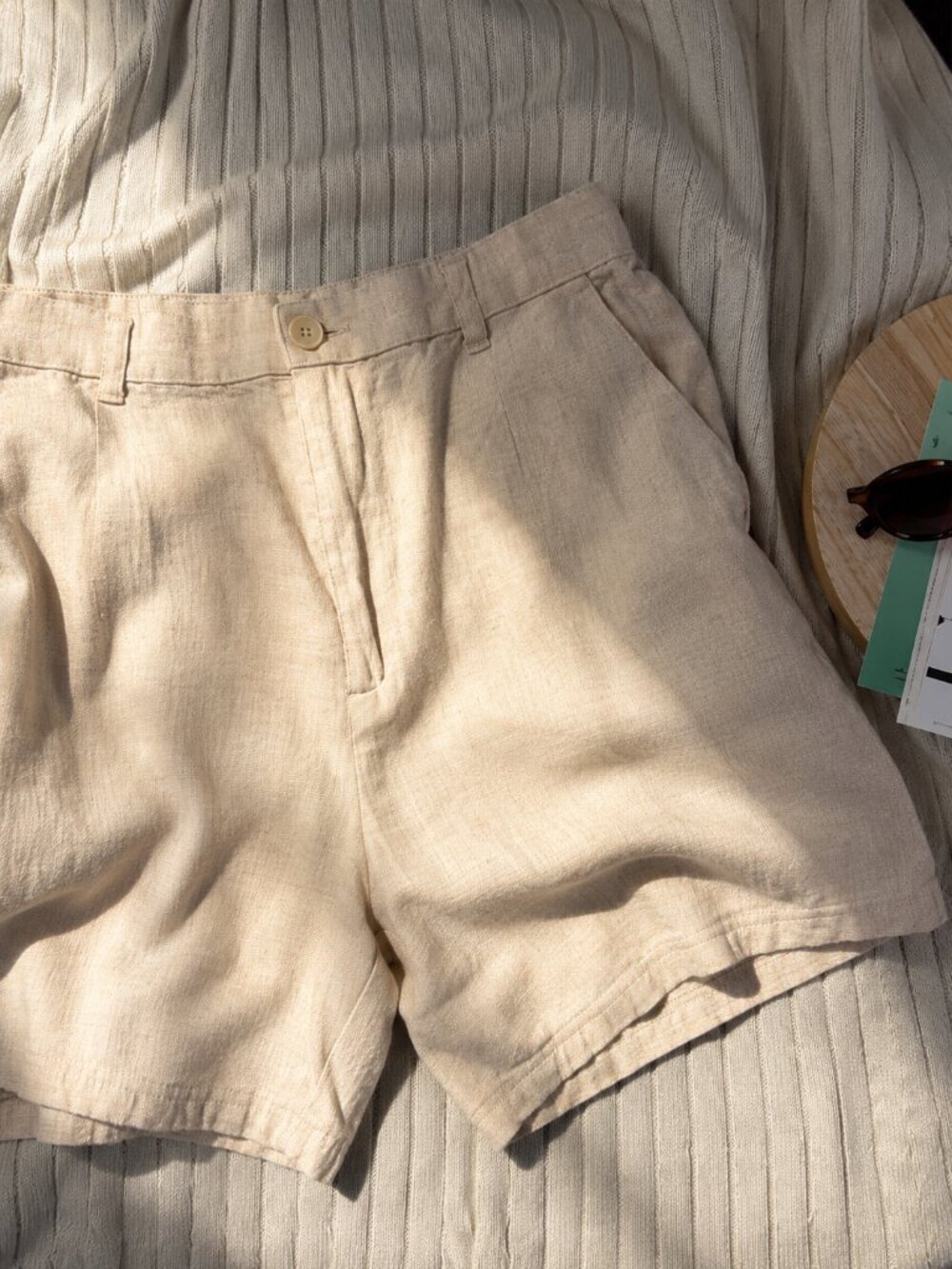 Beige Linen Shorts Women's Medium Tailored Elastic Waist Coastal Quiet Luxury